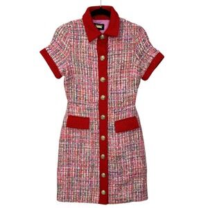 Alexia Admor Tweed Mini Dress Pink Red Sequin Gold Button Front Size 2